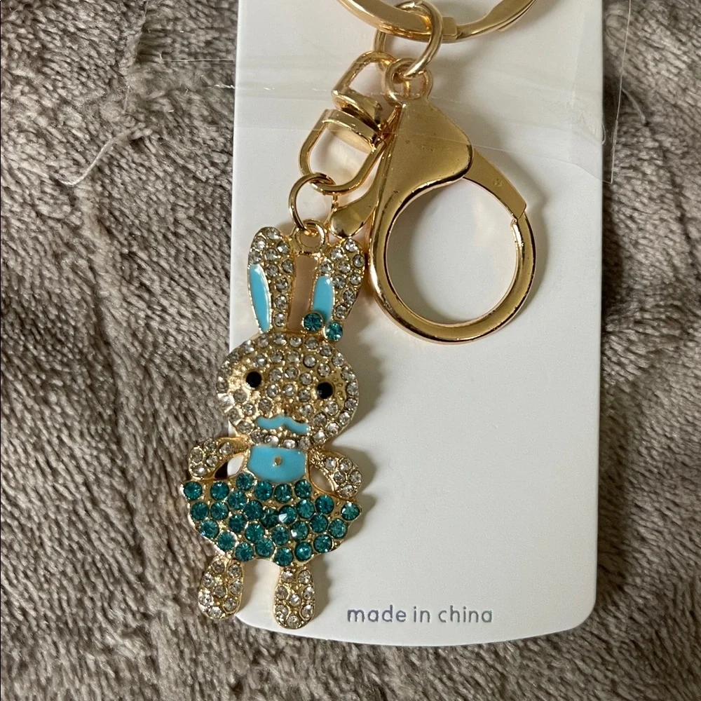 Gold and Blue Bunny Keychain bag purse charm rhinestone gold tone nwt
